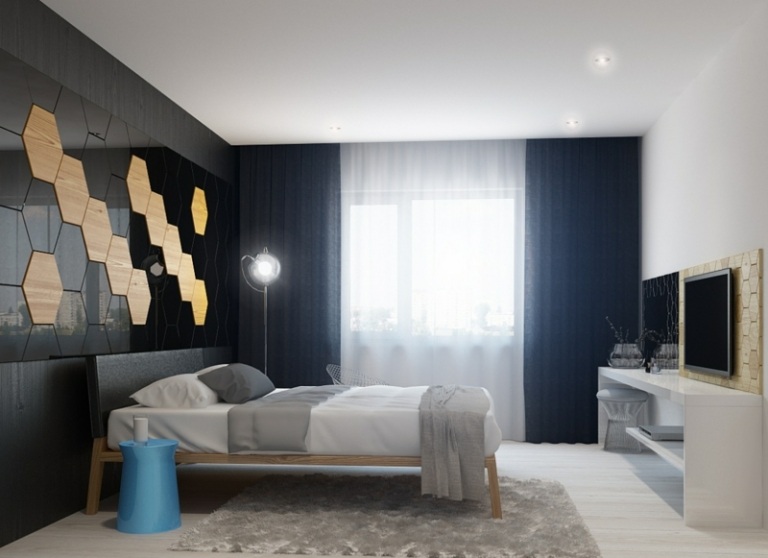 wandgestaltung im schlafzimmer geometrisch design schwarz gold waben