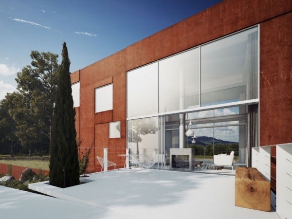 3d Haus Entwurf-Betonhaus Glaswand fassade-Terrasse 
