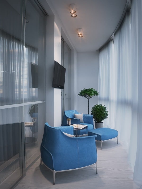 modernen apartment 3d visualisierung balkon sessel blau