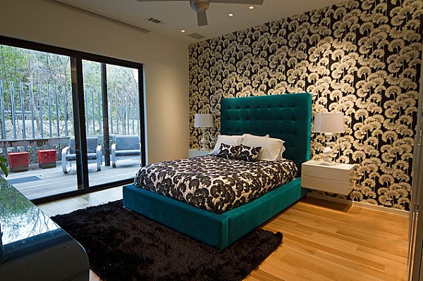 Farben Schlafzimmer Doppelbett-Grün Tapeten-Muster 