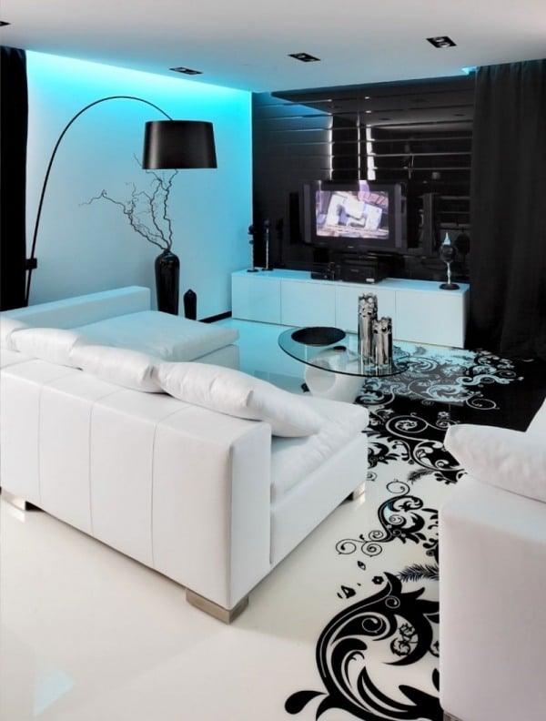 Farben Wohnzimmer Design-Blaue Beleuchtung-Weißes Sofa-Set-schwarz Boden 