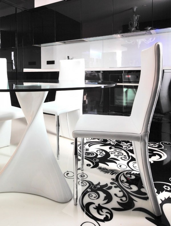 Farbgestaltung im Wohnzimmer-Esszimmer Möbel Design-weiß-schwarz Akzente Muster