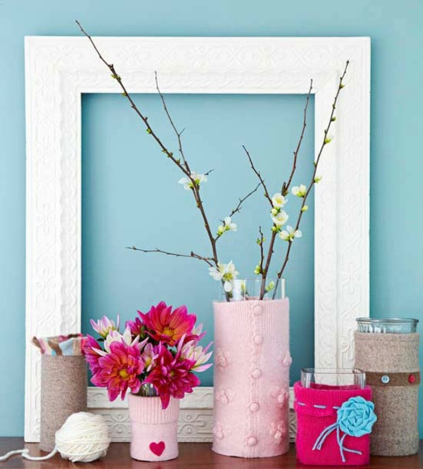 Blumengestecke Vasen dekorieren Strickware rosa Farbe