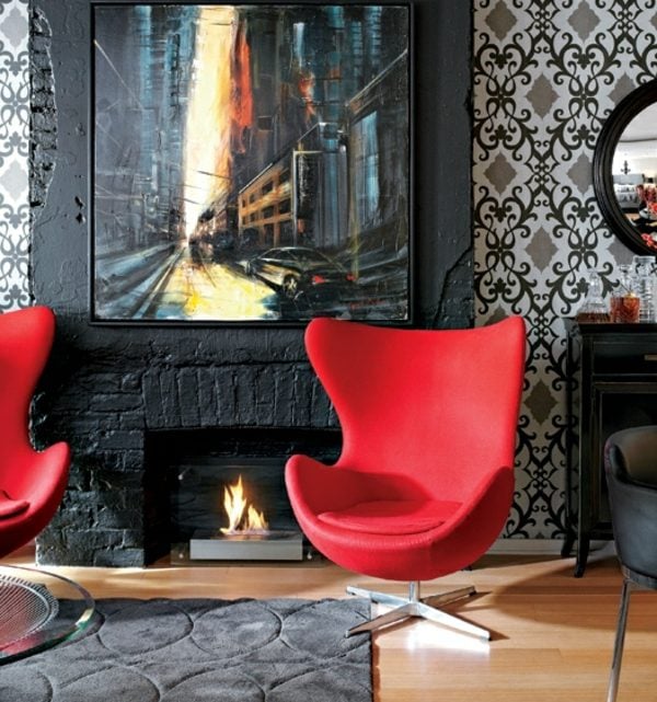 roter Sessel schwarz-weiße Farbe Holz Boden Belag