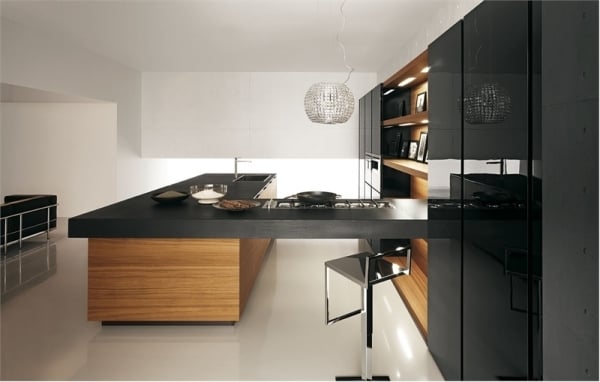 Küche Schwarz-Holz-minimalistisch Design-Ideen modern