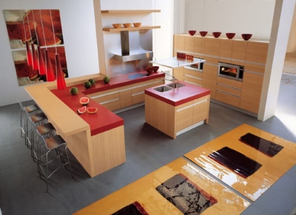 Massivholzküche Arbeitsplatte-Design Pendelleuchte rot