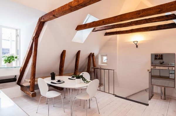 Moderne wohnung dachgeschoss stockholm esstisch weißer bodenbelag