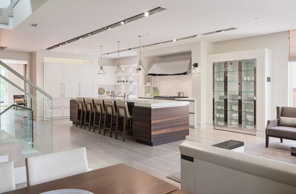 minimalistische Küche Kochinsel groß Holz Glas-Küchenfronten