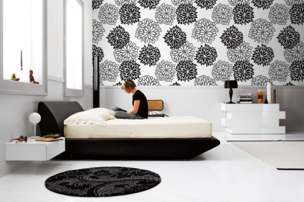 Monochromes Schlafzimmer Design-Deko florale-Muster Wand