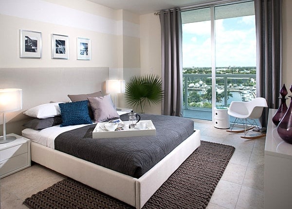Schlafzimmer Design grau weiß-puristisch hand gestrickt-Teppich
