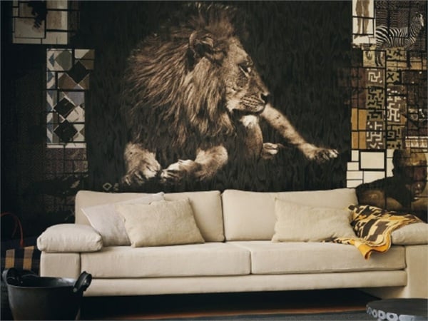 Tiermuster Wohnzimmer Tapeten weißes Sofa Löwe