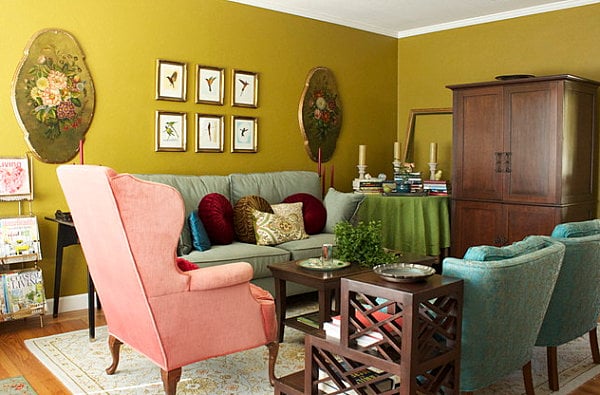 Wohnen mit Farben Grün Gelb Vintage-Wohnzimmer Design