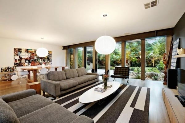 Wohnzimmer Designer Möbel Teppich-grafisch Muster-Wand 