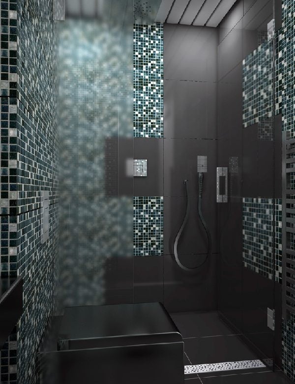 badezimmer großformatige graue fliesen mosaiken akzent