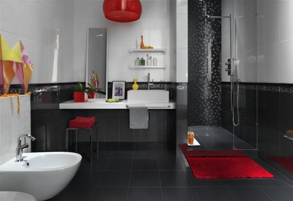 badezimmer design ideen schwarz rot glas duschkabine mosaik