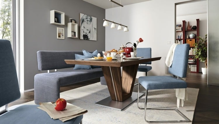 esszimmer möbel blaugrau-farbe-stuehle-sitzbank-modern-esstisch-form