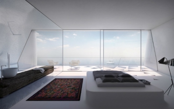 glaswand ausblick minimalismus ideen für weißes schlafzimmer