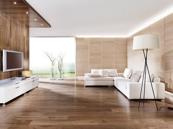 minimalismus wohnzimmer holzverkleidung wand boden weiße möbel