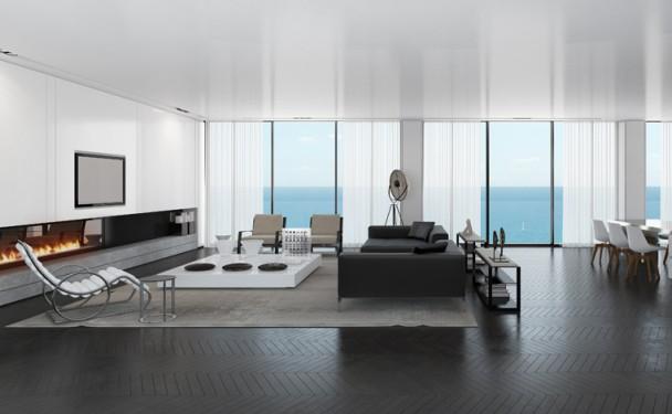 minimalismus im wohnzimmer schwarzer bodenbelag kamin relaxsessel