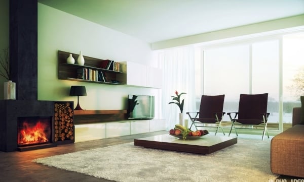 minimalismus im wohnzimmer teppich holzregale couchtisch design