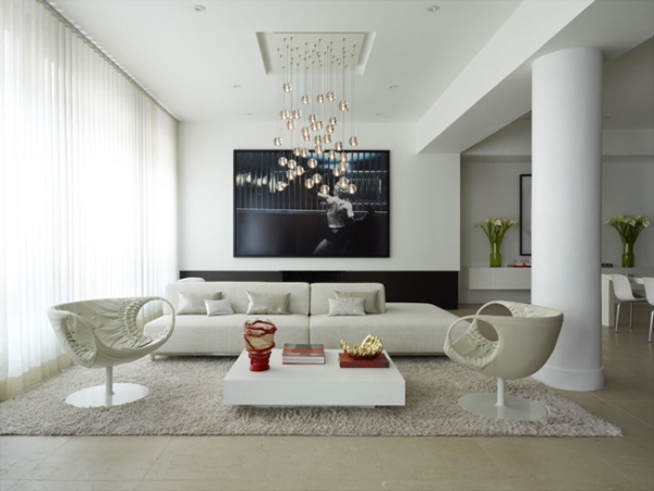 minimalismus im wohnzimmer weiß glas kronleuchter flachbildschirm