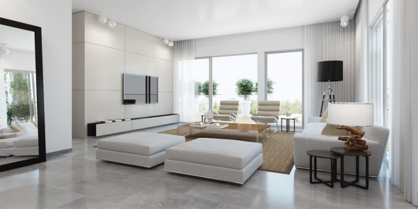 minimalismus im wohnzimmer weiß tischlampe holz teppich