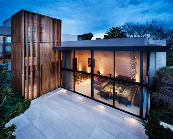 moderne architektur glas vorhangsfassaden holz elemente