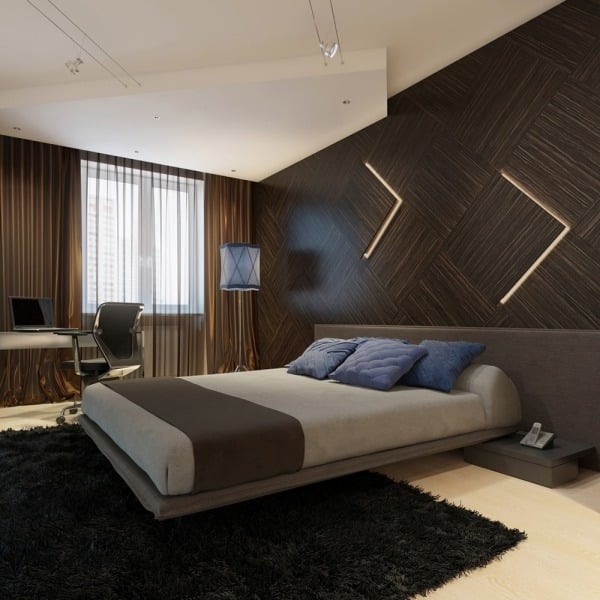 moderne holz wandverkleidung dunkel einbauleuchten schlafzimmer
