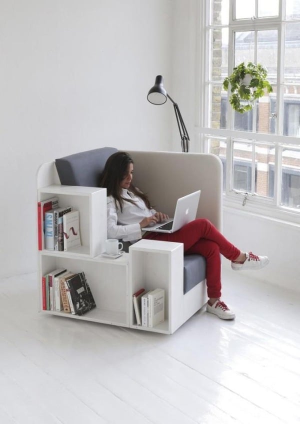 modulares sessel sofa designs mit integrierten regalen lampe