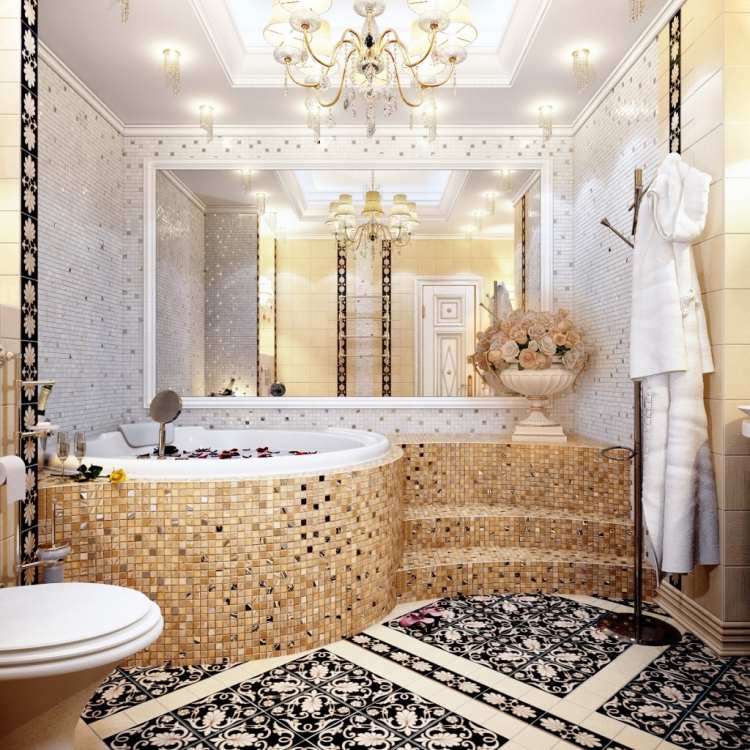 mosaik-fliesen-badezimmer-badwanne-sandfarbe-ornamente-kronleuchter-lucus-rosen-deko