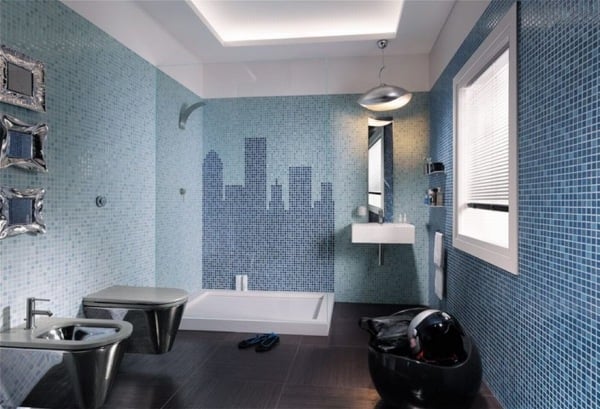 mosaik fliesen fürs badezimmer blau stadt silhouette