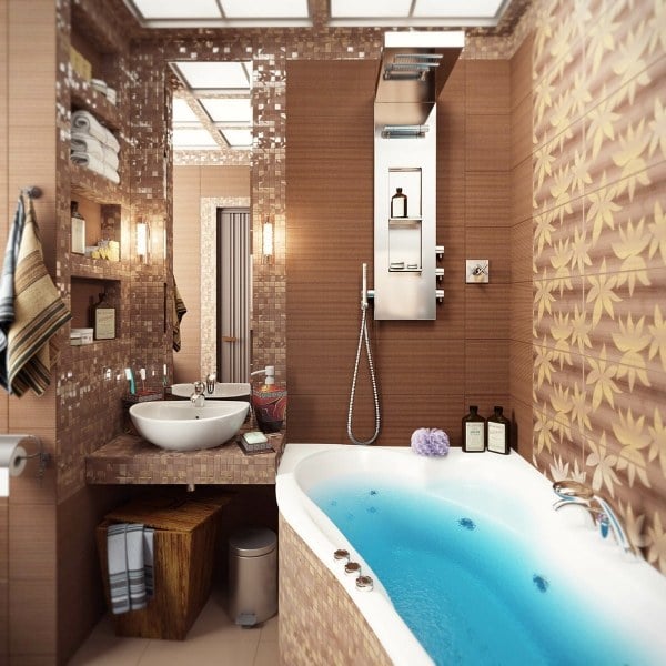 mosaik fliesen badezimmer braun hell beige badewanne