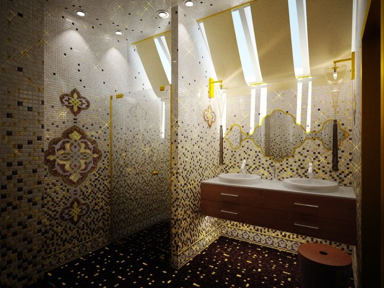 mosaik-fliesen-badezimmer-gold-braun-ornamente-waschtisch-waschbecken-duschkabine-beleuchtung-doppelwaschbecken