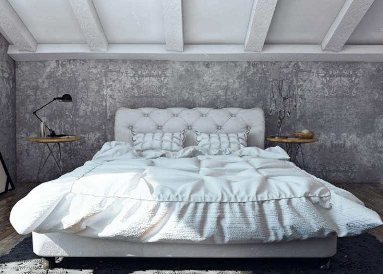 putz für wände grau farbe weisse balken beistelltisch schlafzimmer bett