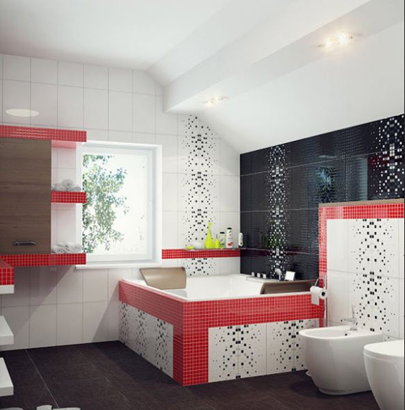 rote mosaik fliesen badezimmer schwarz weiß