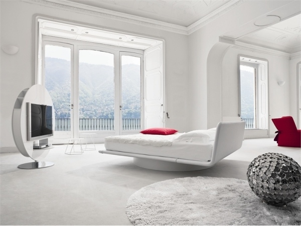 runder fernseher minimalismus ideen für schlafzimmer in weiß