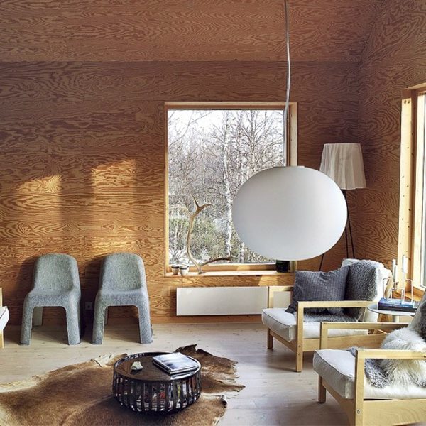 Einrichtung Wohnzimmer Holz Farbe Wand Pelz Teppich