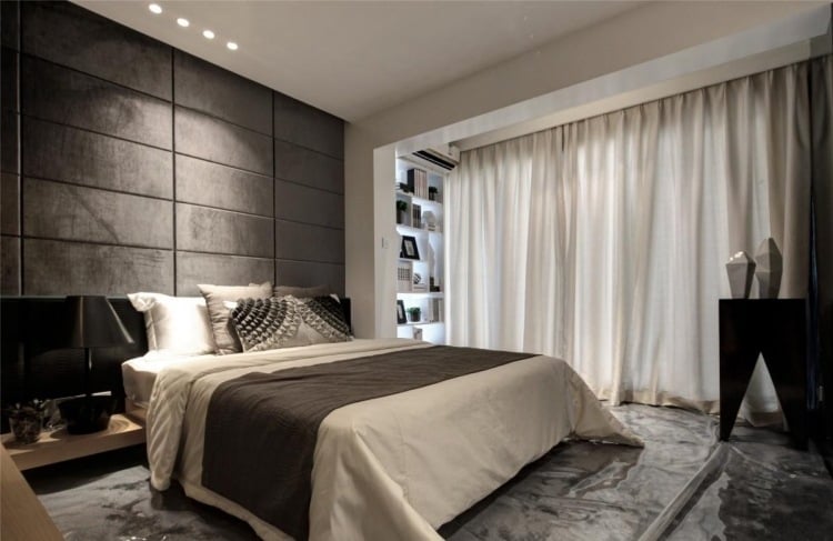 schlafzimmer-wandgestaltung-gepolsterte-wandplatten-rechteckig-anthrazitgrau