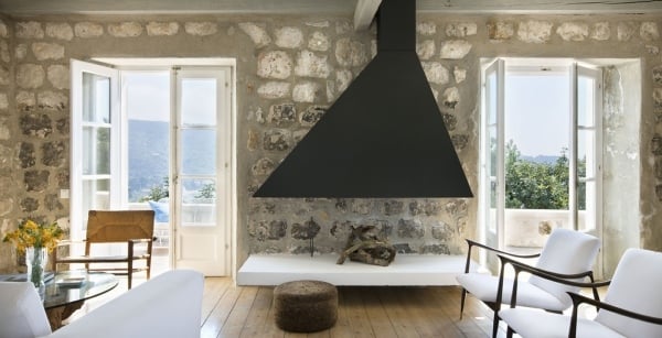 wandgestaltung im wohnzimmer stein mediterran kamin weiß