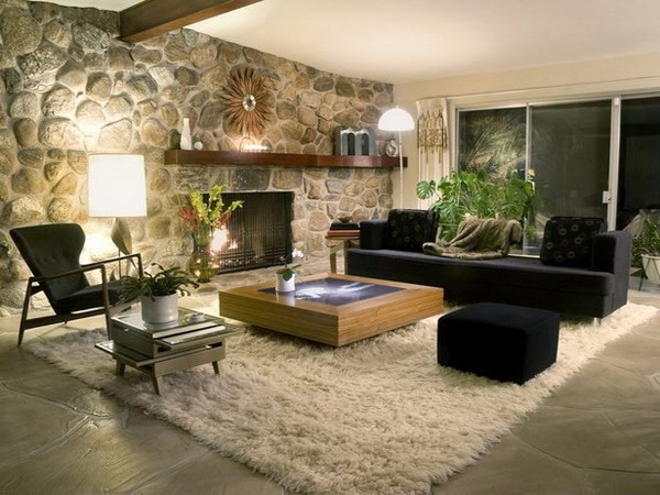 wandgestaltung im wohnzimmer stein rustikal shaggy teppich