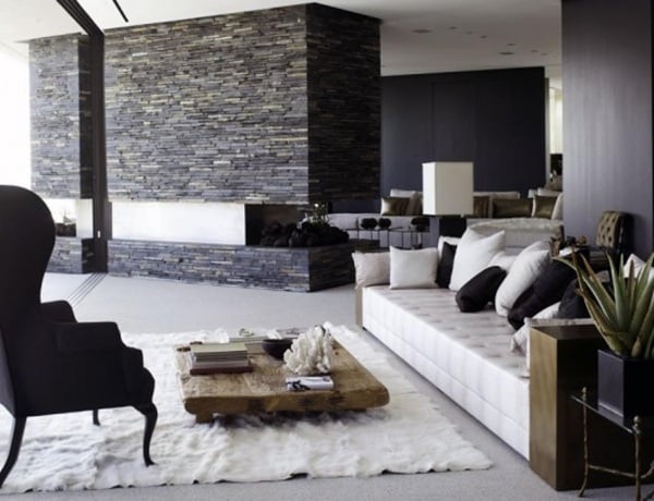 wandgestaltung wohnzimmer stein schwarz weiß design