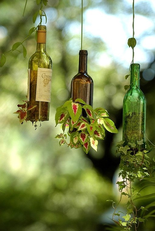 weinflaschen garten dekoration pflanzen hängend