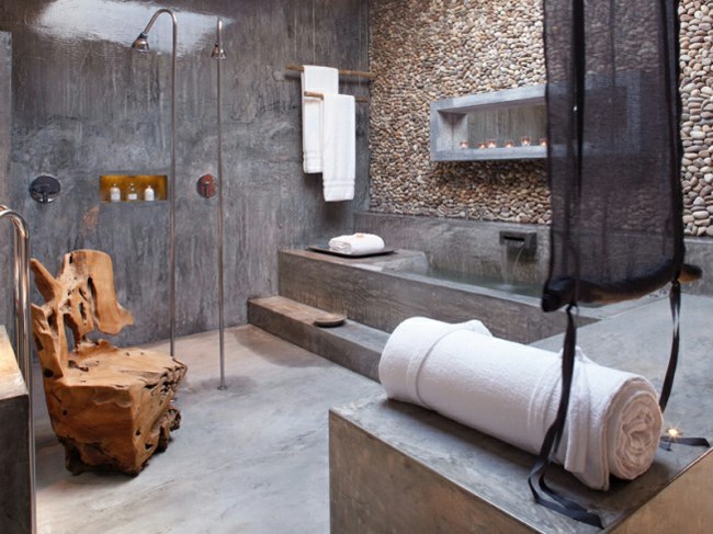 Badezimmer Steinwand Granitmöbel Holz Stuhl Design Idee  Putzwand