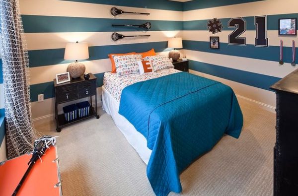 Blaues Schlafzimmer-Ideen Waagerechte-Streifen Wand gestalten