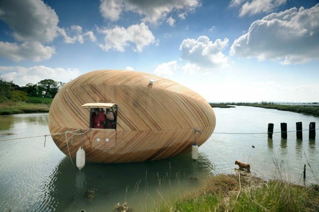 Bootshaus Holz Ei Form umweltfreundliche nachhaltige Bauweise