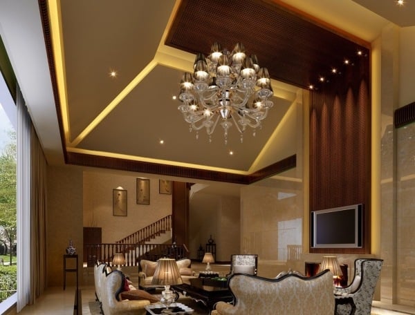 Decken abhängen-Innenausbau-Ideen Wohnzimmer-Beleuchtung Kronleuchter
