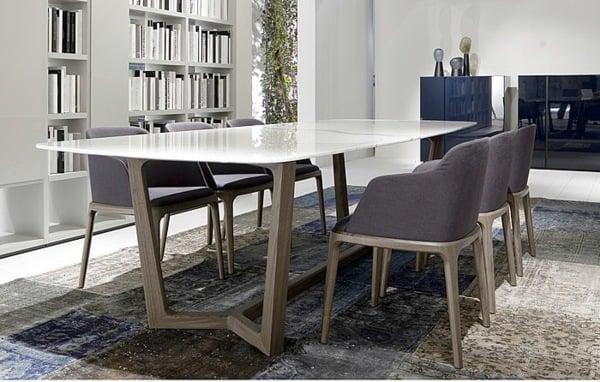 gestalten Tisch weiß Holzrahme lila Stoff Polsterung Stühle