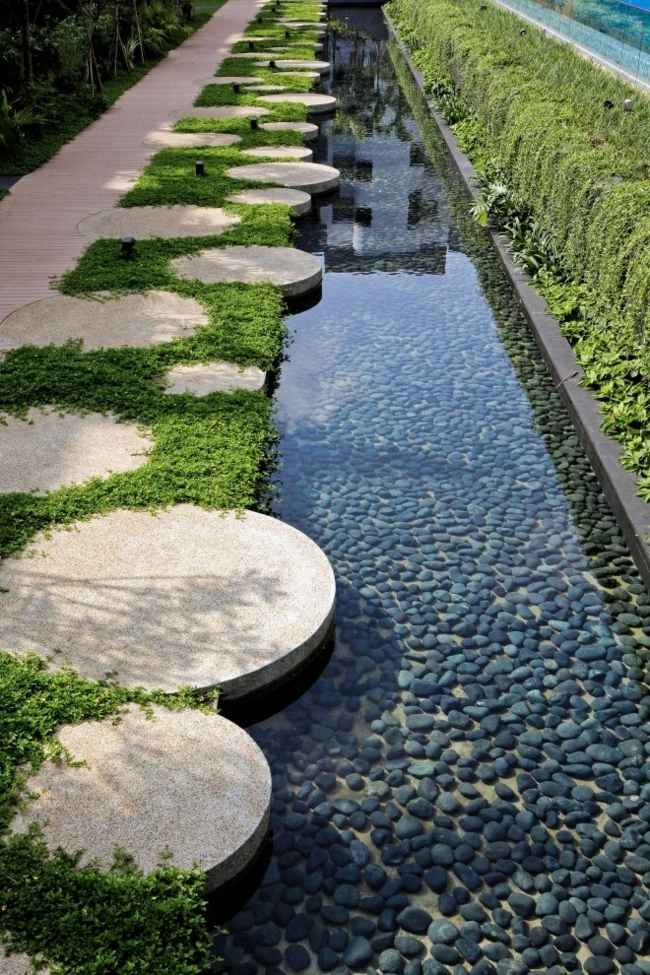 Garten Gestaltung Ideen Steinweg Rasen Schwimmbad Flusssteine