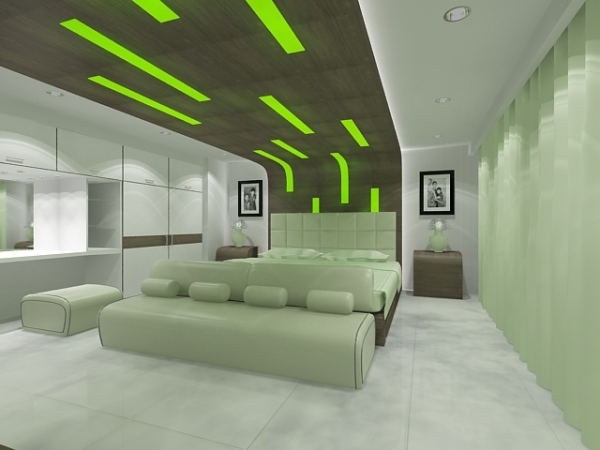 Grün-Licht im Schlafzimmer-Deckengestaltung Wandpaneele Ideen