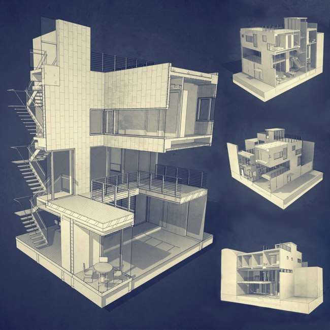 Herausragende Baukörper moderne-Architektur passiv Bau
